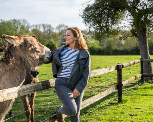 Caroline, Kitty et Chocolat, les deux ânes de la Vie de Cocagne, gite de charme pays d'Auge, Normandie 2024